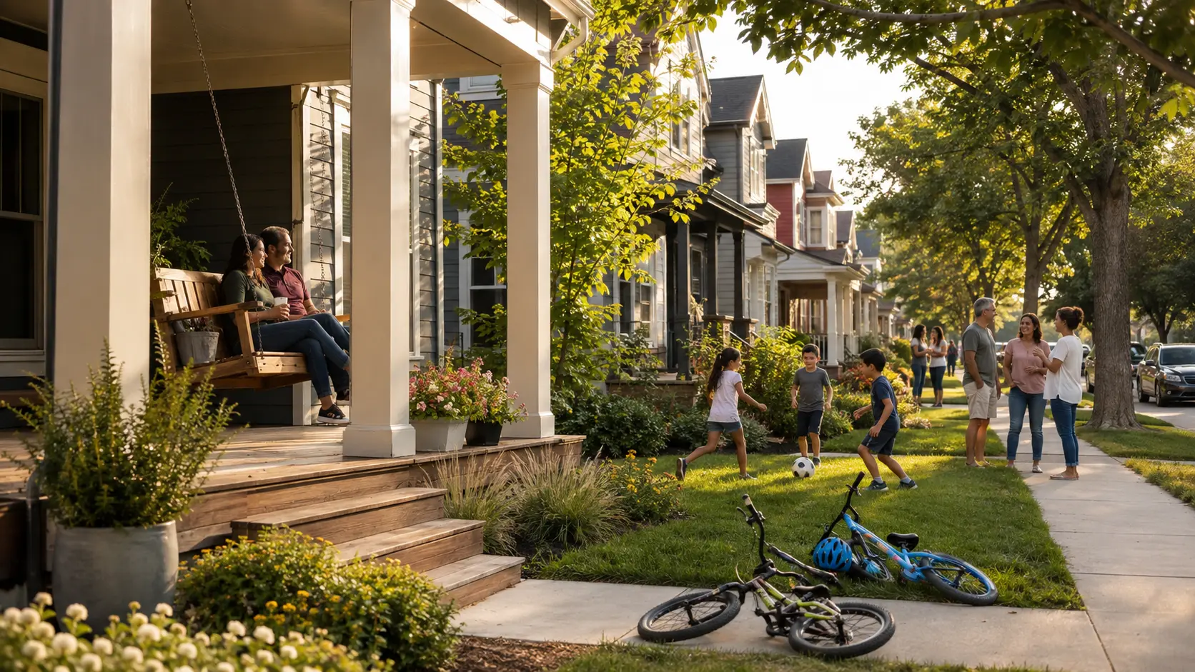 A vibrant neighborhood where children play, neighbors connect, and residents enjoy life from their front porches