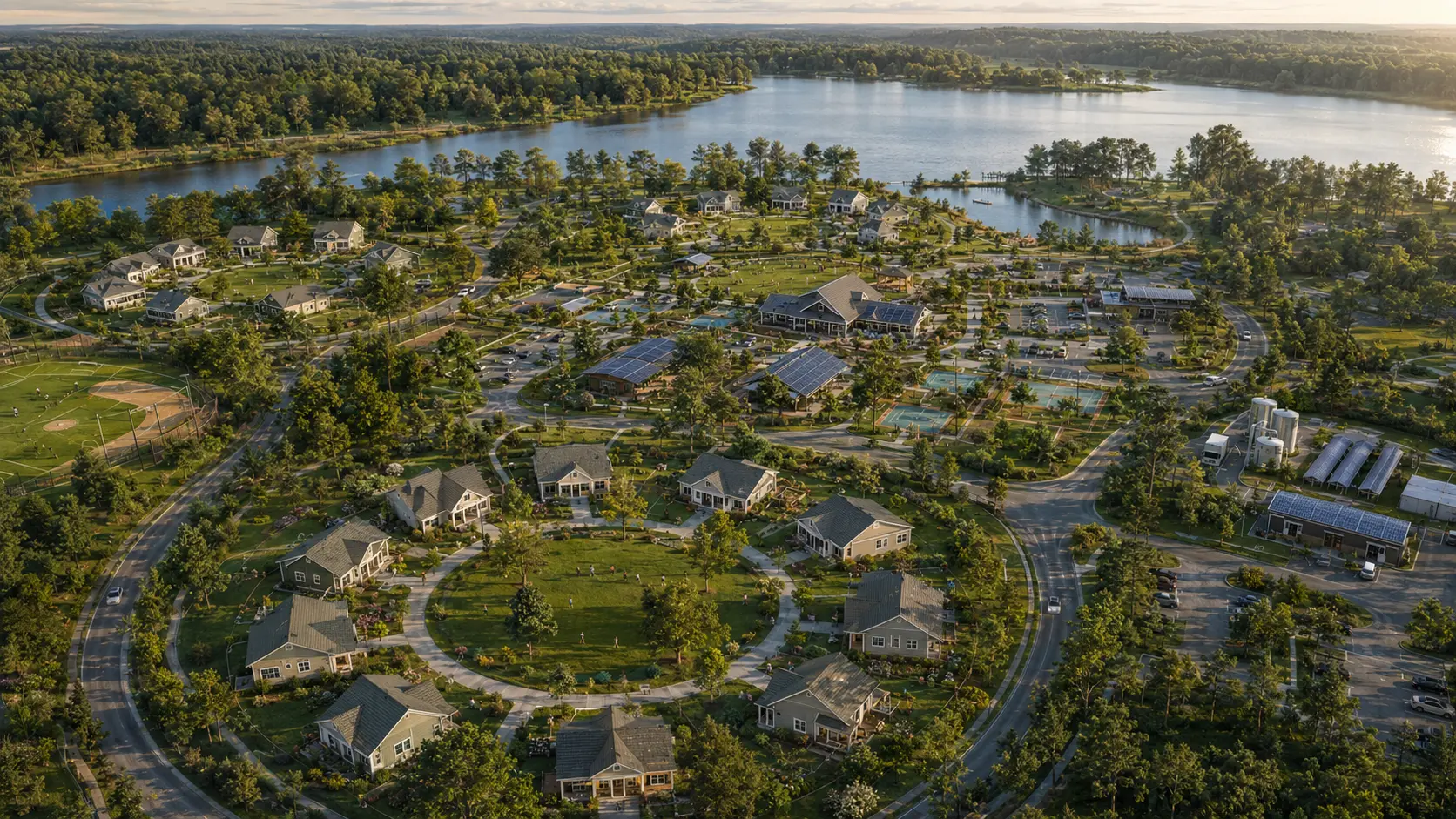 Lakeside HALO Community with clustered homes, shared amenities, recreation, and resilient infrastructure
