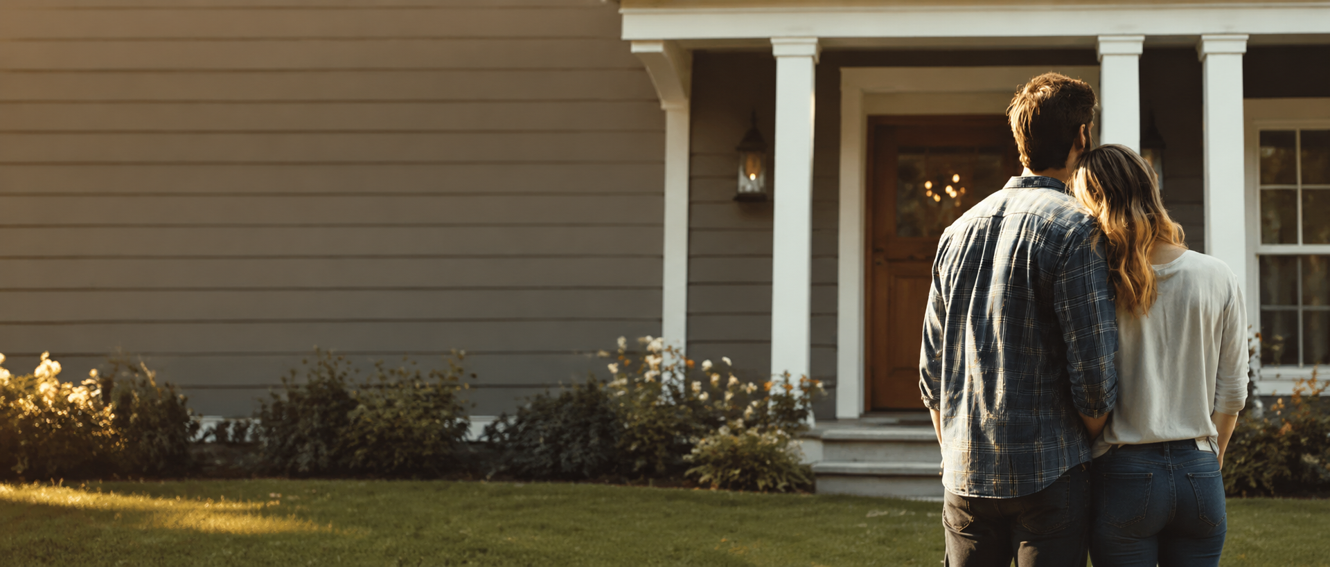 A couple looking toward their welcoming neighborhood home